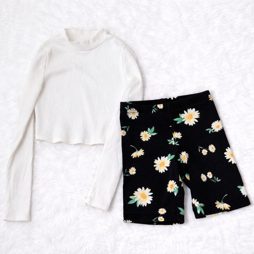 Cynthia Rowley White Ribbed Crop Top & Old Navy Daisy Biker Shorts Girls Size 8